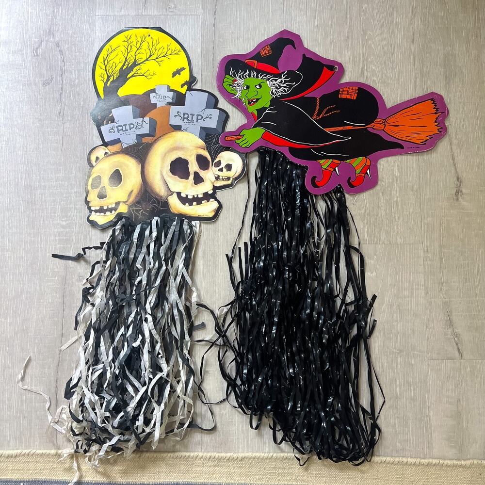 Lot of 2 Vintage Halloween Die Cuts STREAMER Double Sided Print Witch Graves